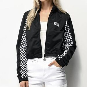 Vans Women's Black Zip Up Jacket with Checkered Sleeves Size Small